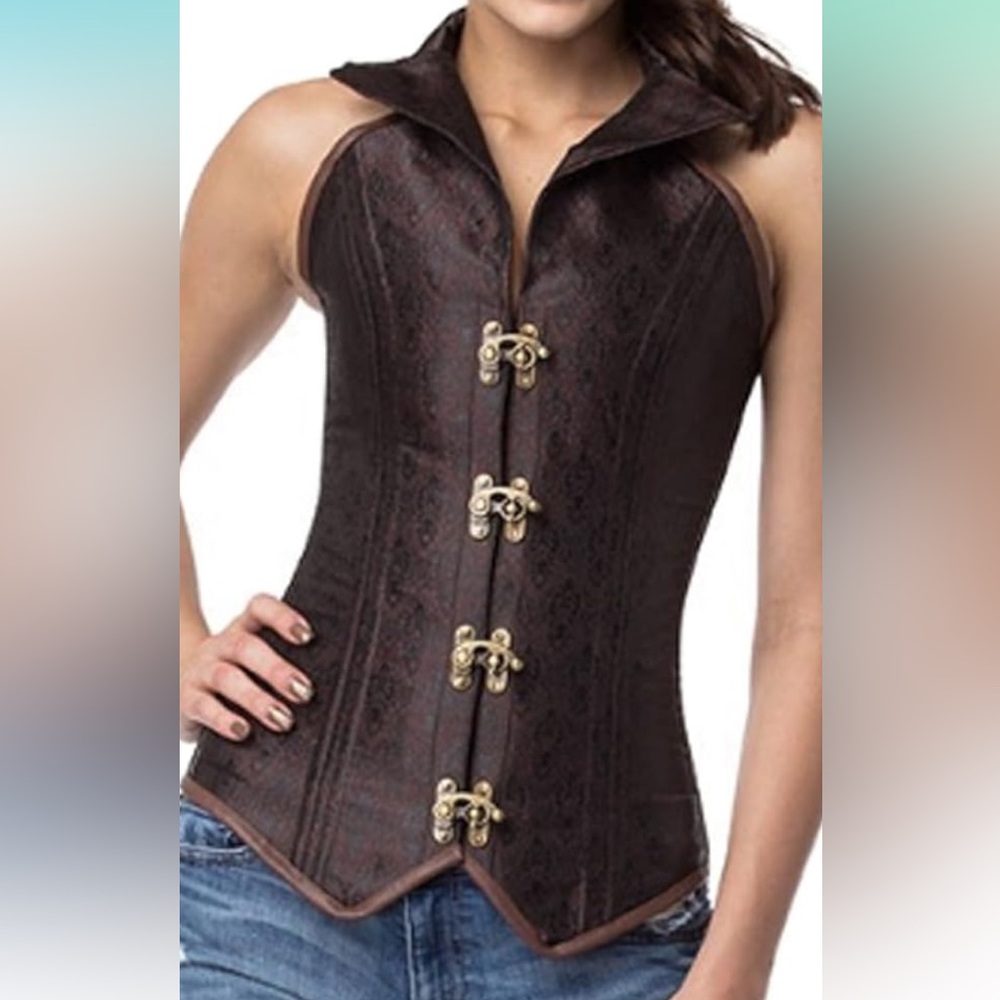 Women Vintage Brocade Halter Collar Spiral Steel Boned Steampunk Corsets